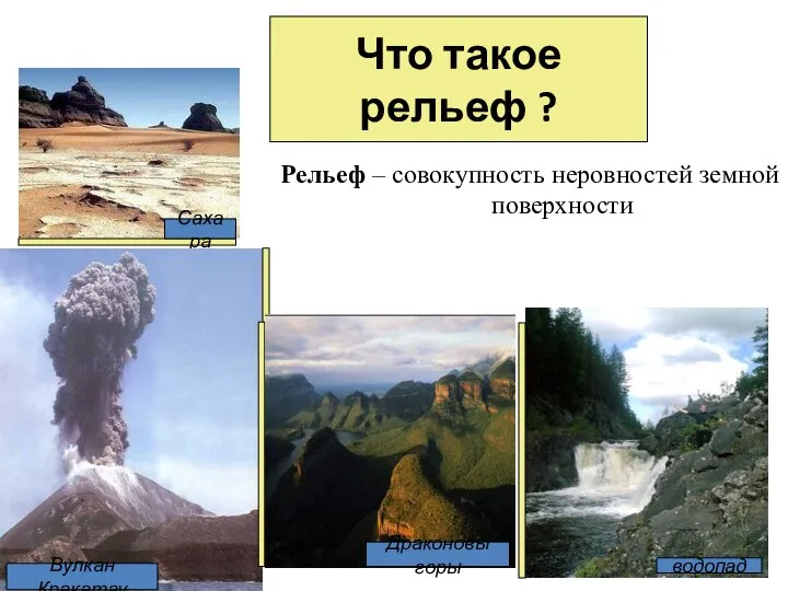 Что такое рельеф ? Рельеф – совокупность неровностей земной поверхности