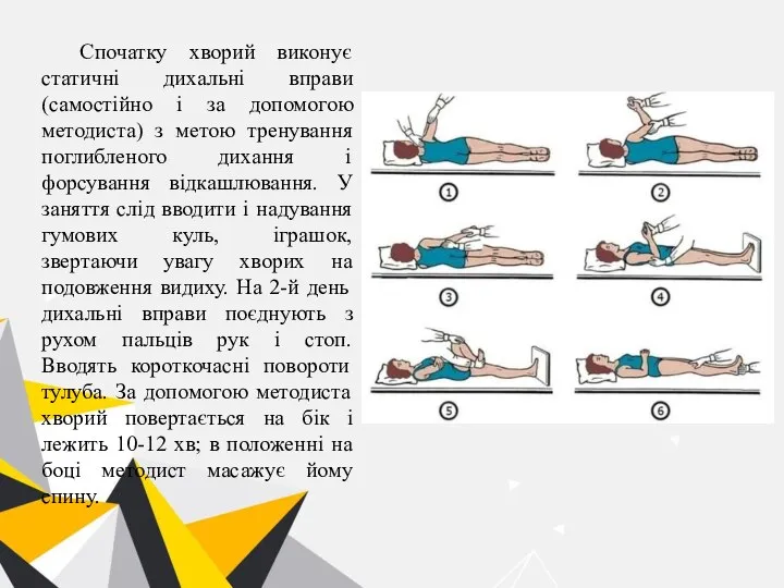 Спочатку хворий виконує статичні дихальні вправи (самостійно і за допомогою методиста)