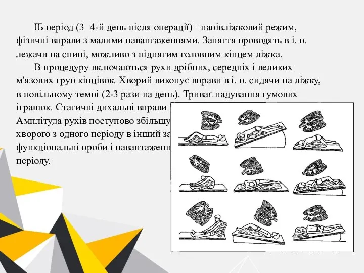 IБ період (3−4-й день після операції) −напівліжковий режим, фізичні вправи з