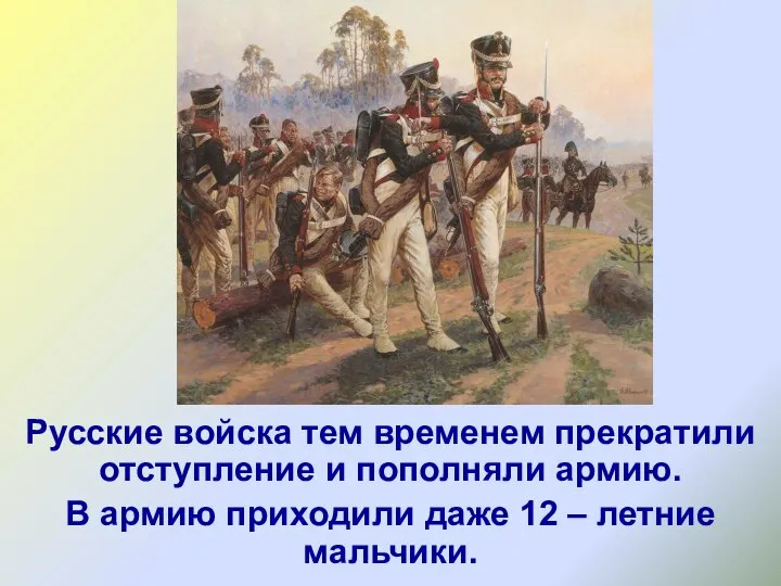 Русские войска тем временем прекратили отступление и пополняли армию. В армию