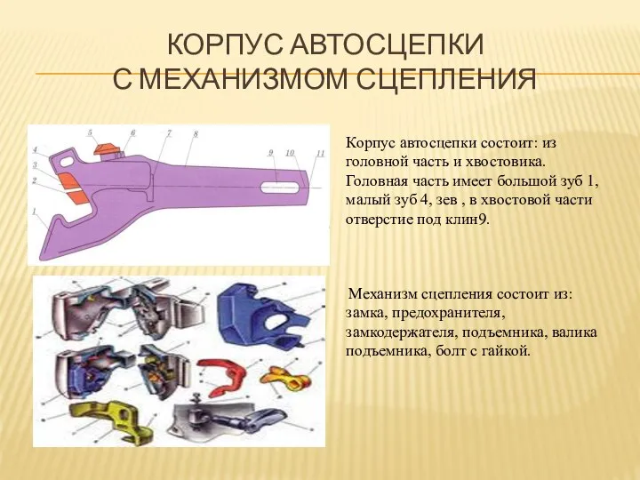 КОРПУС АВТОСЦЕПКИ С МЕХАНИЗМОМ СЦЕПЛЕНИЯ Корпус автосцепки состоит: из головной часть