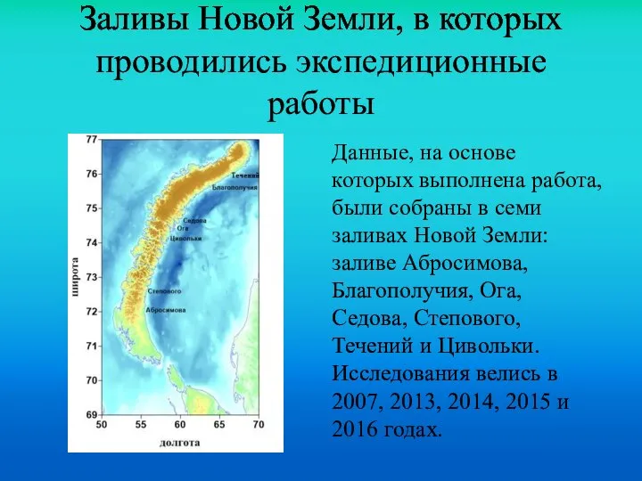 Заливы Новой Земли, в которых проводились экспедиционные работы Данные, на основе