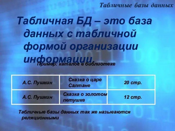 Табличная БД – это база данных с табличной формой организации информации.