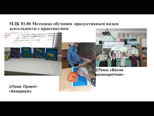 МДК 01.06 Методика обучения продуктивным видам деятельности с практикумом 1)Тема: Проект: «Аквариум» 2)Тема: «Весна разноцветная»