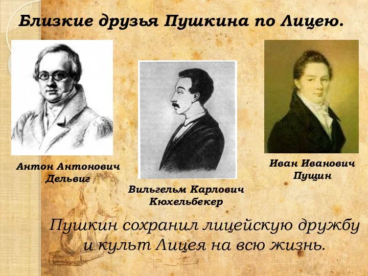 Антон Антонович Дельвиг Иван Иванович Пущин Близкие друзья Пушкина по Лицею.