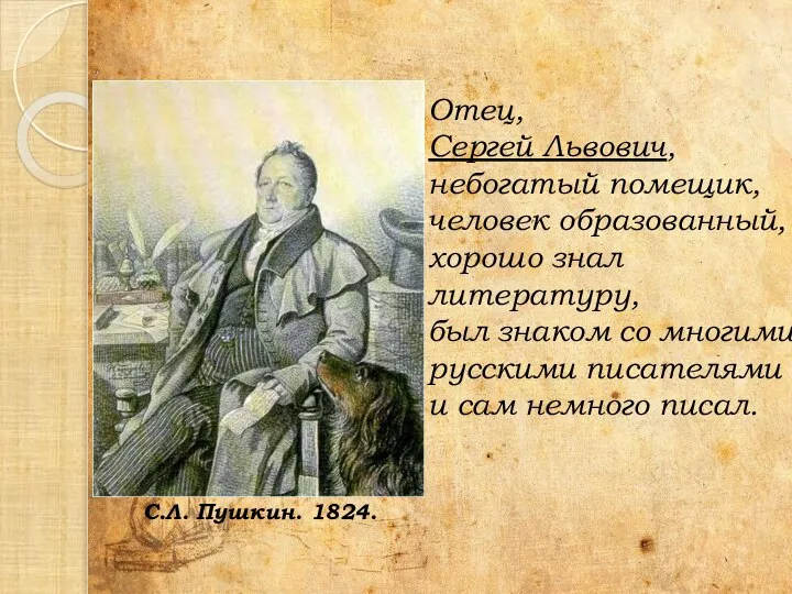 Отец, Сергей Львович, небогатый помещик, человек образованный, хорошо знал литературу, был