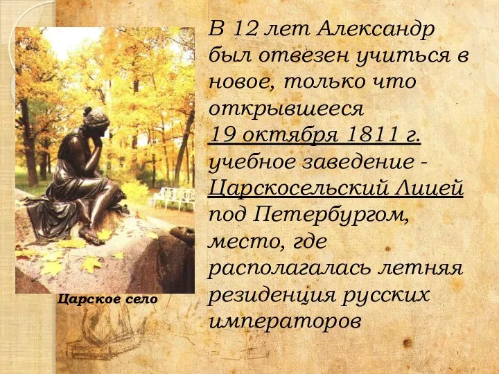 В 12 лет Александр был отвезен учиться в новое, только что