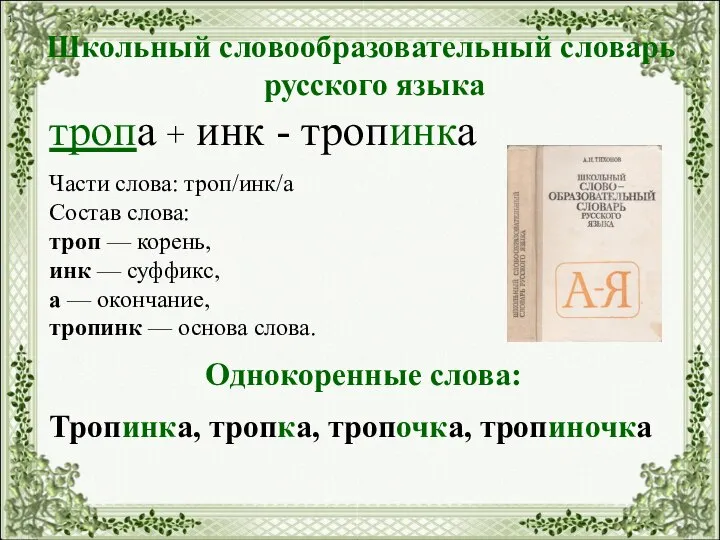 Школьный словообразовательный словарь русского языка тропа + инк - тропинка Части