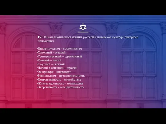 IV. Образы противопоставления русской и испанской культур (бинарные оппозиции): Индивидуализм –