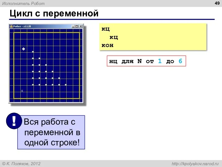 Цикл с переменной кц кц кон нц для N от 1 до 6