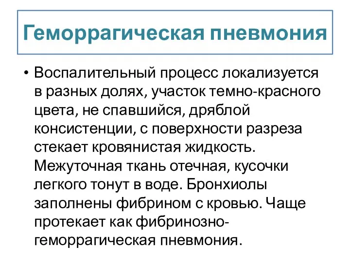 Геморрагическая пневмония Воспалительный процесс локализуется в разных долях, участок темно-красного цвета,