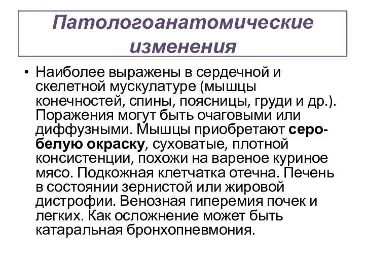 Патологоанатомические изменения Наиболее выражены в сердечной и скелетной мускулатуре (мышцы конечностей,