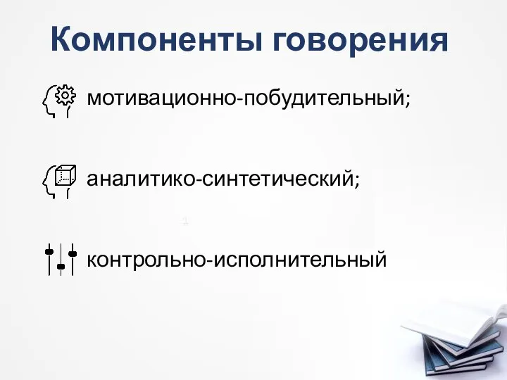 Компоненты говорения мотивационно-побудительный; аналитико-синтетический; контрольно-исполнительный