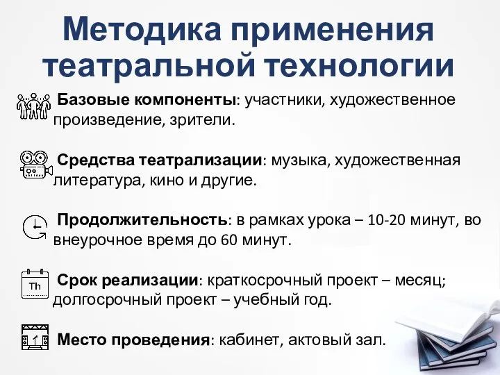 Методика применения театральной технологии Базовые компоненты: участники, художественное произведение, зрители. Средства