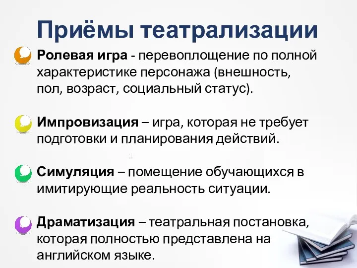 Приёмы театрализации Ролевая игра - перевоплощение по полной характеристике персонажа (внешность,