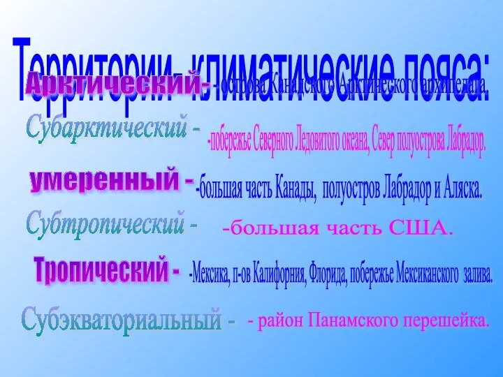 Территории- климатические пояса: Арктический- умеренный - Тропический - Субэкваториальный - Субтропический