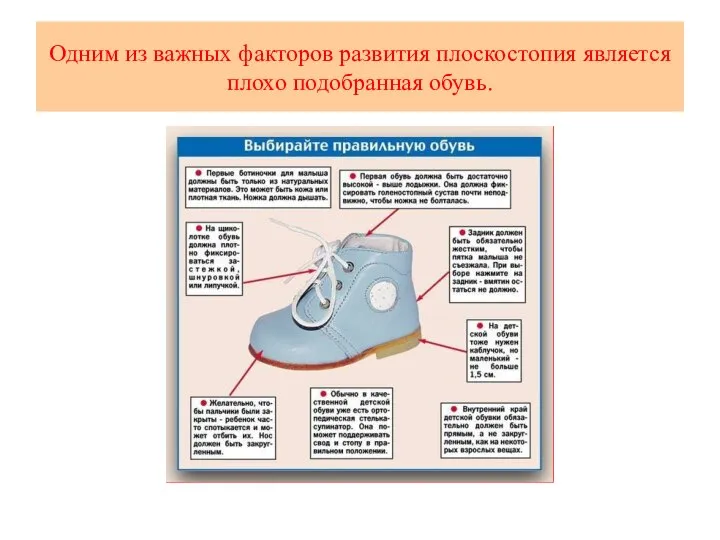 Одним из важных факторов развития плоскостопия является плохо подобранная обувь.