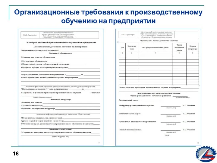 Организационные требования к производственному обучению на предприятии 16