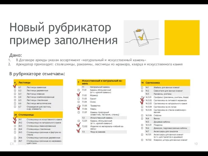 Новый рубрикатор пример заполнения Дано: В Договоре аренды указан ассортимент «натуральный