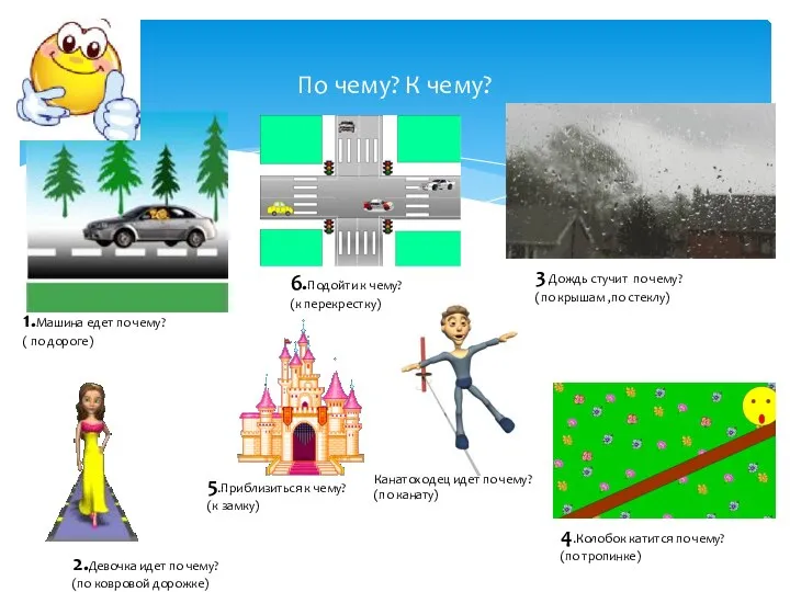 По чему? К чему? 1.Машина едет по чему? ( по дороге)