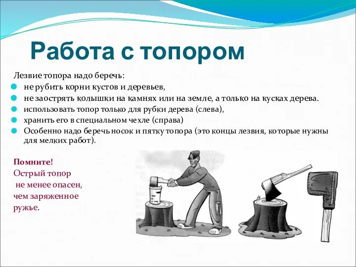 Работа с топором Лезвие топора надо беречь: не рубить корни кустов