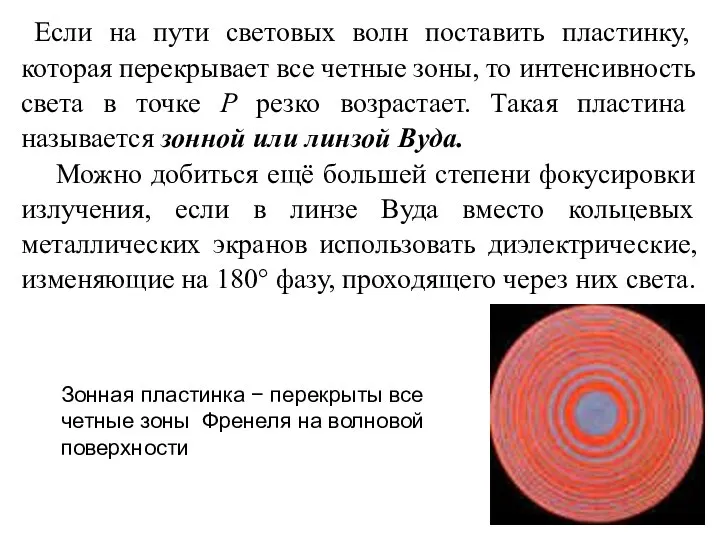 Зонная пластинка − перекрыты все четные зоны Френеля на волновой поверхности