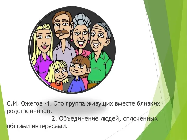 С.И. Ожегов -1. Это группа живущих вместе близких родственников. 2. Объединение людей, сплоченных общими интересами.