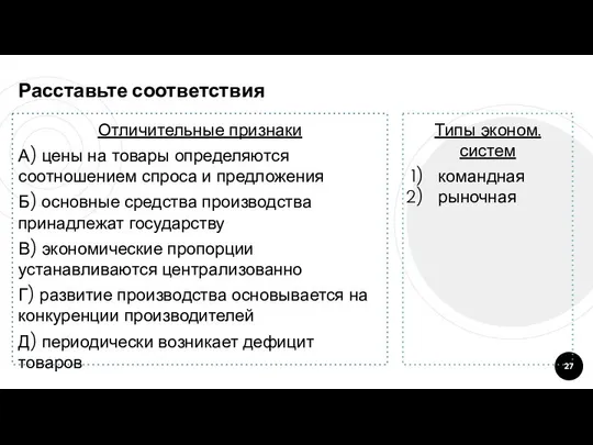 Расставьте соответствия Отличительные признаки А) цены на товары определяются соотношением спроса