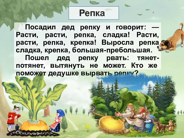 Репка Посадил дед репку и говорит: — Расти, расти, репка, сладка!