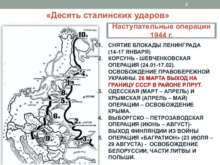 «Десять сталинских ударов» Наступательные операции 1944 г. СНЯТИЕ БЛОКАДЫ ЛЕНИНГРАДА (14-17