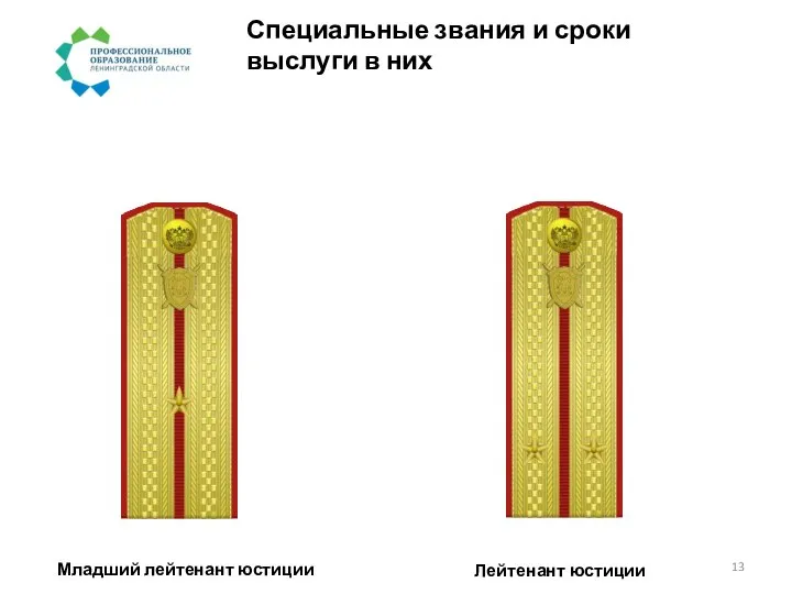 Специальные звания и сроки выслуги в них Младший лейтенант юстиции Лейтенант юстиции