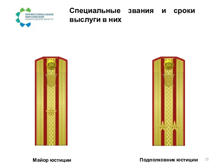 Специальные звания и сроки выслуги в них Майор юстиции Подполковник юстиции