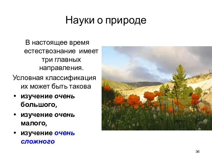 Науки о природе В настоящее время естествознание имеет три главных направления.