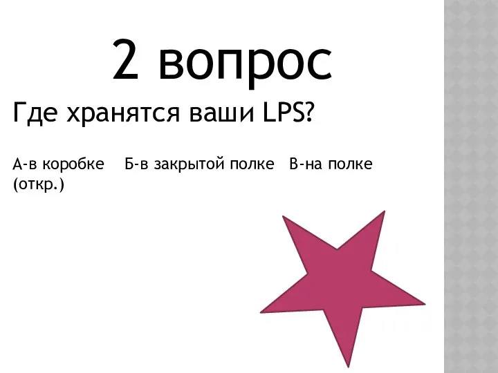 2 вопрос Где хранятся ваши LPS? А-в коробке Б-в закрытой полке В-на полке (откр.)