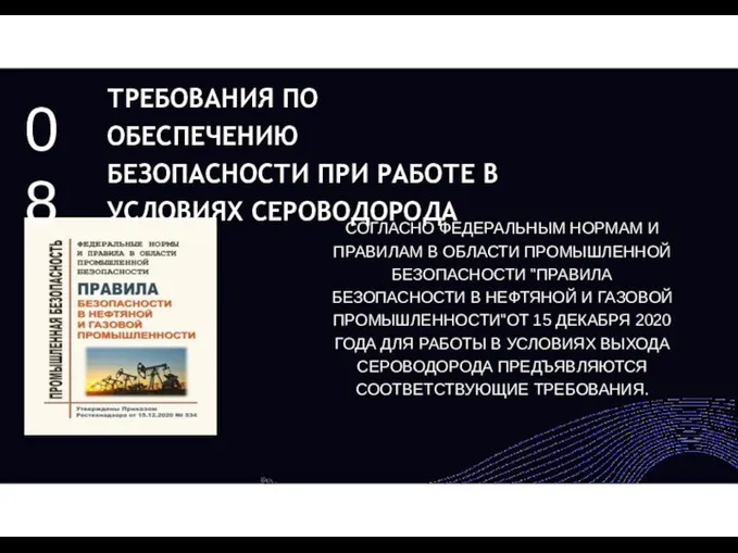 08 ТРЕБОВАНИЯ ПО ОБЕСПЕЧЕНИЮ БЕЗОПАСНОСТИ ПРИ РАБОТЕ В УСЛОВИЯХ СЕРОВОДОРОДА СОГЛАСНО