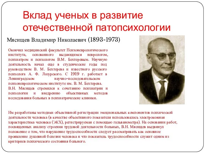 Вклад ученых в развитие отечественной патопсихологии Мясищев Владимир Николаевич (1893-1973) Окончил