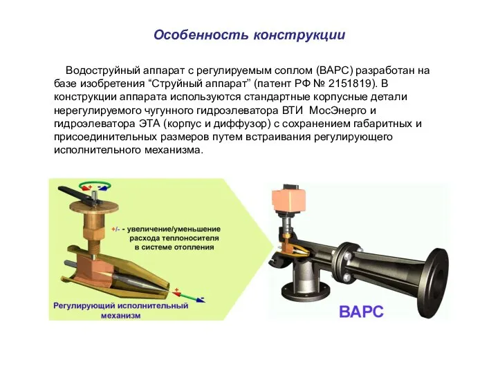 Особенность конструкции Водоструйный аппарат с регулируемым соплом (ВАРС) разработан на базе