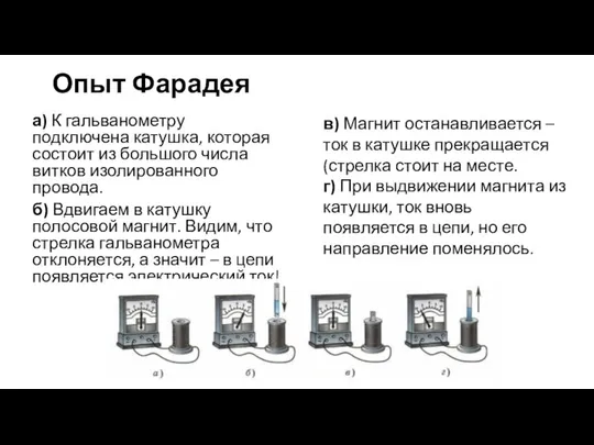 Опыт Фарадея а) К гальванометру подключена катушка, которая состоит из большого