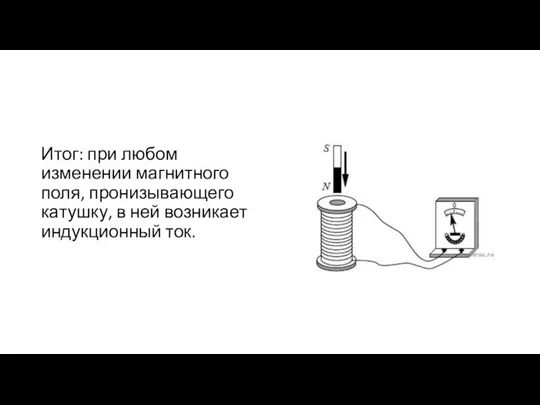 Итог: при любом изменении магнитного поля, пронизывающего катушку, в ней возникает индукционный ток.