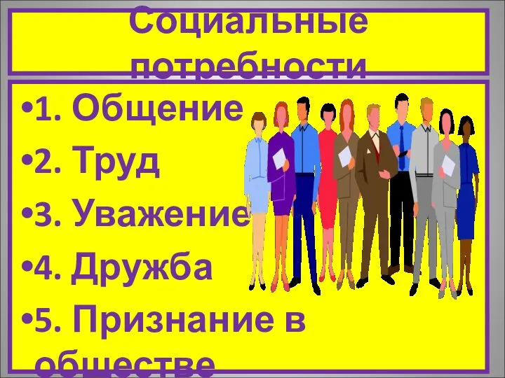 Социальные потребности 1. Общение 2. Труд 3. Уважение 4. Дружба 5. Признание в обществе