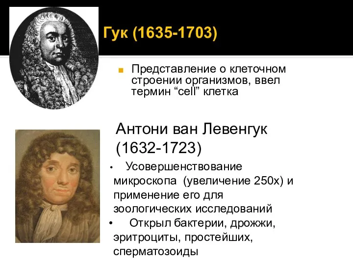 Роберт Гук (1635-1703) Представление о клеточном строении организмов, ввел термин “cell”