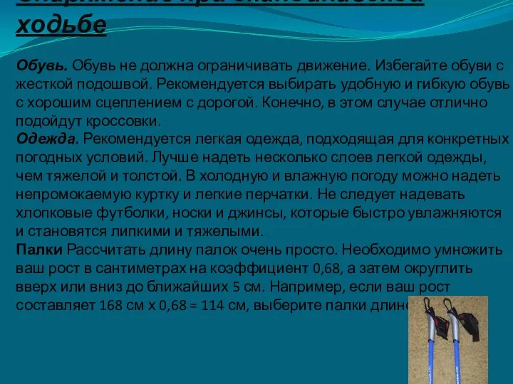 Снаряжение при скандинавской ходьбе Обувь. Обувь не должна ограничивать движение. Избегайте