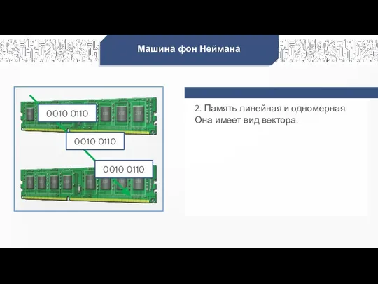 Машина фон Неймана 2. Память линейная и одномерная. Она имеет вид вектора.