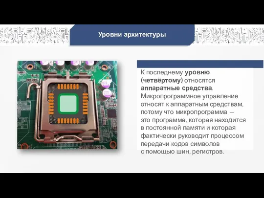 Уровни архитектуры К последнему уровню (четвёртому) относятся аппаратные средства. Микропрограммное управление