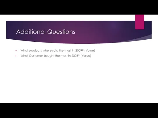 Additional Questions What products where sold the most in 2009? (Value)