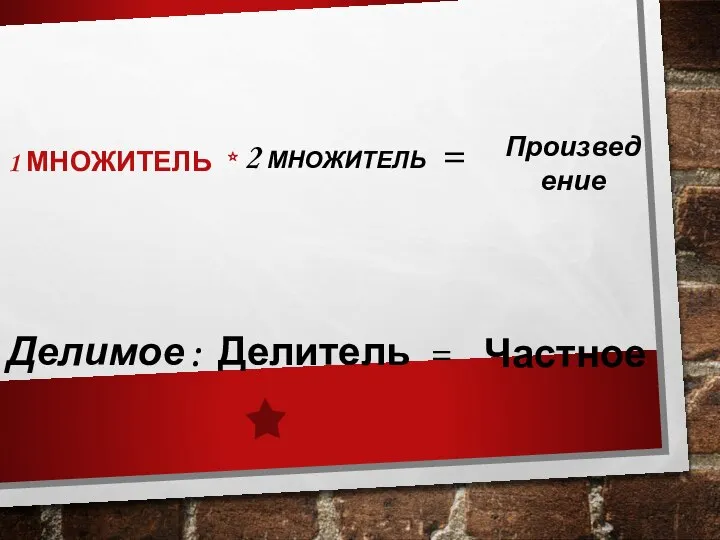 1 МНОЖИТЕЛЬ * 2 МНОЖИТЕЛЬ Произведение Делимое Делитель Частное = : =