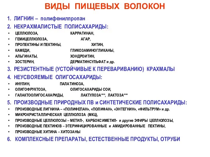 ВИДЫ ПИЩЕВЫХ ВОЛОКОН 1. ЛИГНИН – полифенилпропан 2. НЕКРАХМАЛИСТЫЕ ПОЛИСАХАРИДЫ: ЦЕЛЛЮЛОЗА,