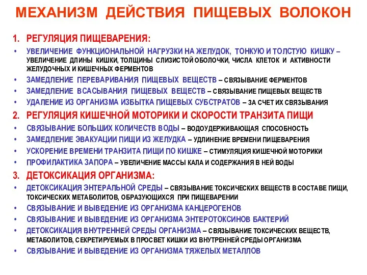 МЕХАНИЗМ ДЕЙСТВИЯ ПИЩЕВЫХ ВОЛОКОН 1. РЕГУЛЯЦИЯ ПИЩЕВАРЕНИЯ: УВЕЛИЧЕНИЕ ФУНКЦИОНАЛЬНОЙ НАГРУЗКИ НА