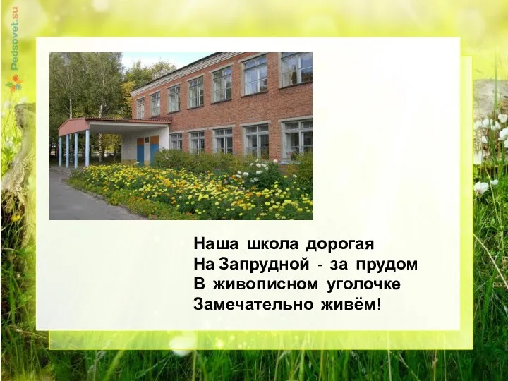 Наша школа дорогая На Запрудной - за прудом В живописном уголочке Замечательно живём!