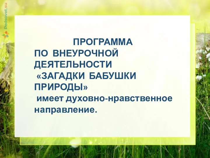 ПРОГРАММА ПО ВНЕУРОЧНОЙ ДЕЯТЕЛЬНОСТИ «ЗАГАДКИ БАБУШКИ ПРИРОДЫ» имеет духовно-нравственное направление.